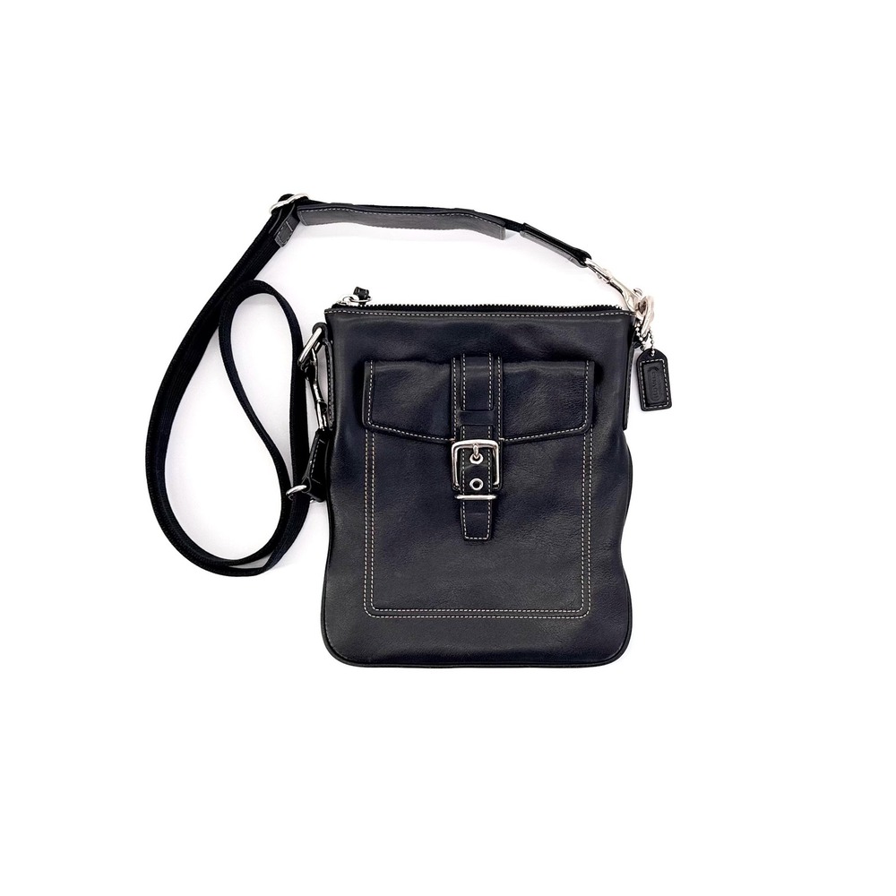 Coach Hamptons Black Leather Buckle Swingpack Crossbody Bag Y2K Tan Lining